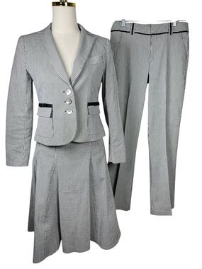 Nanette Lepore Black White Pinstripe Seersucker Career Suit Set 3 Piece